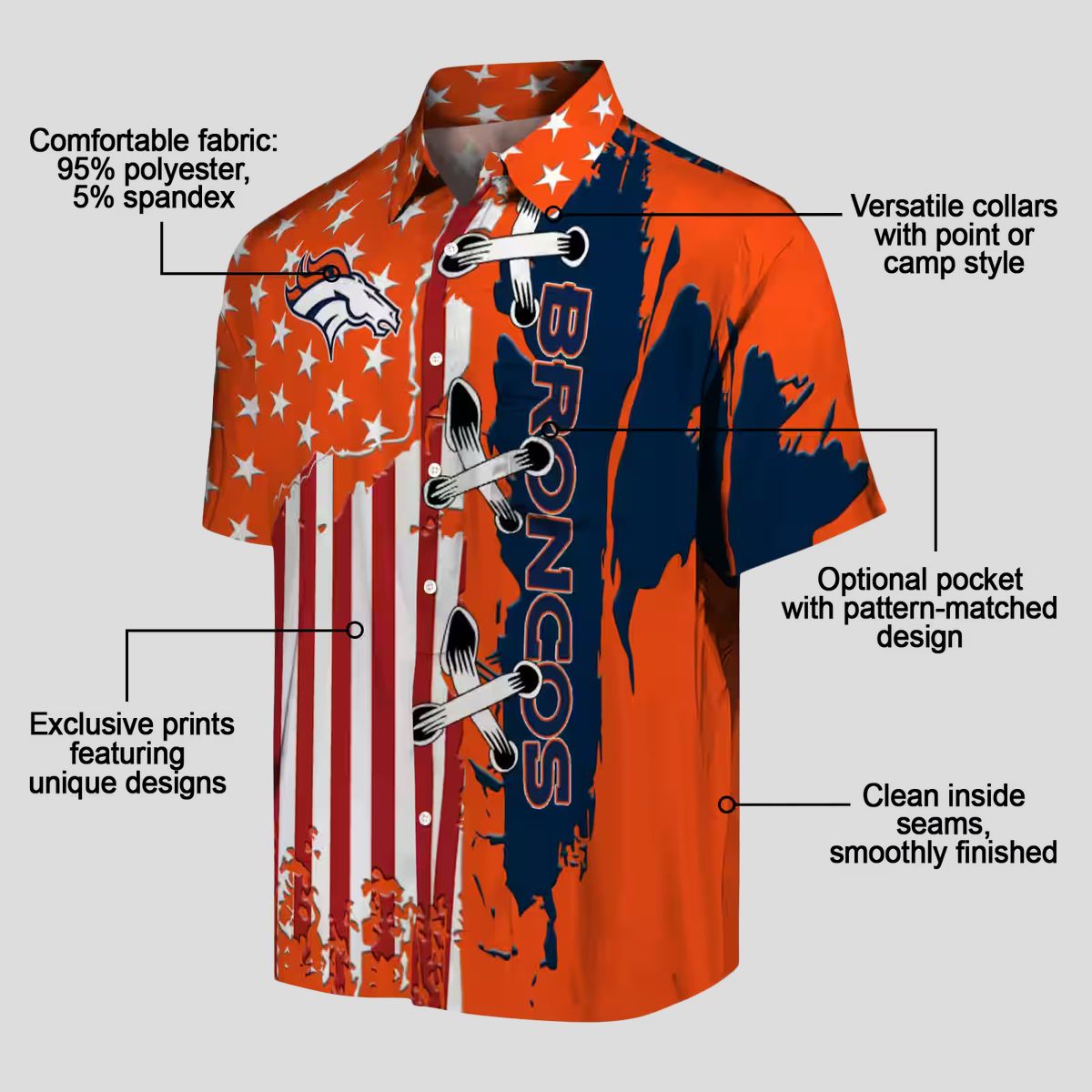 Denver Broncos Aloha Hawaiian Shirt, NFL Orange Stitched Flag Summer Beachwear