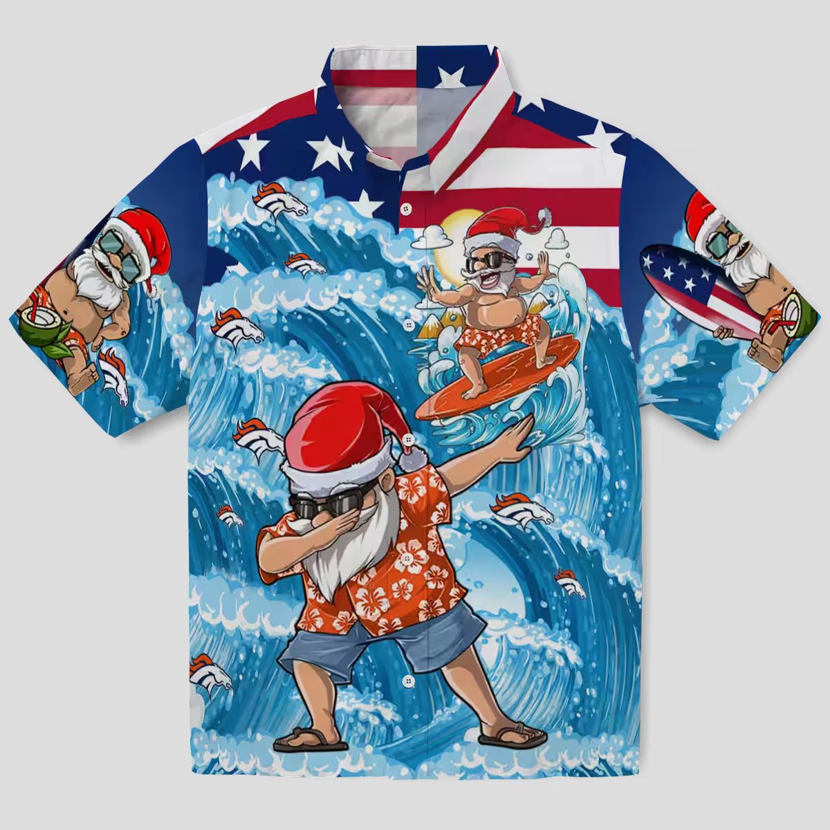 Denver Broncos Christmas Hawaiian Shirt, NFL Surfing Santa Blue Holiday Shirt