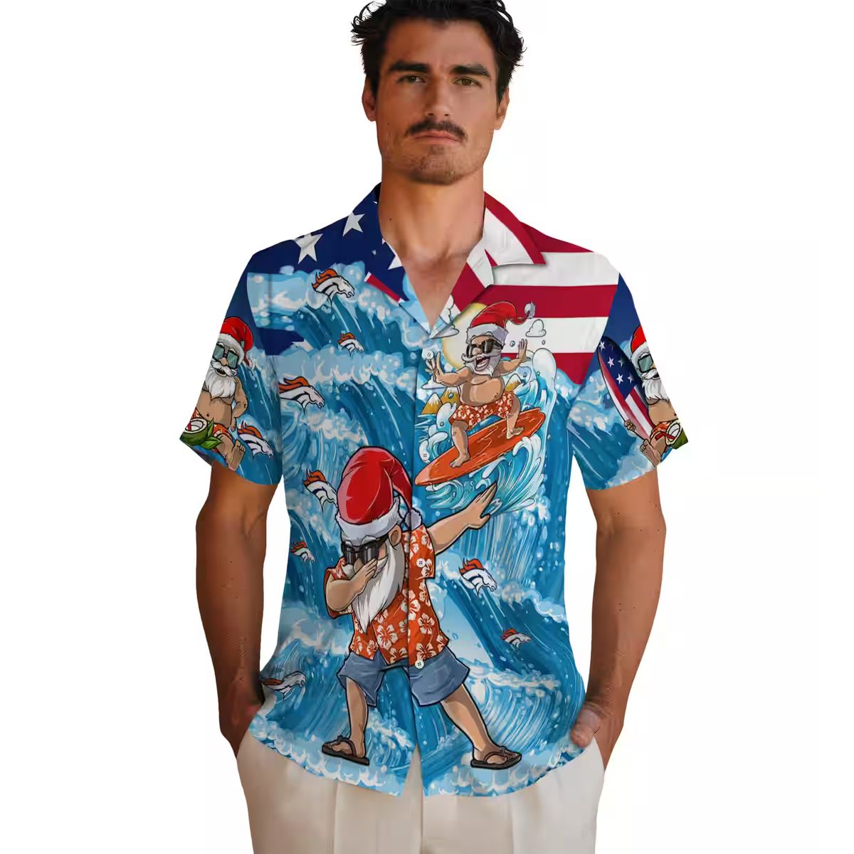 Denver Broncos Christmas Hawaiian Shirt, NFL Surfing Santa Blue Holiday Shirt