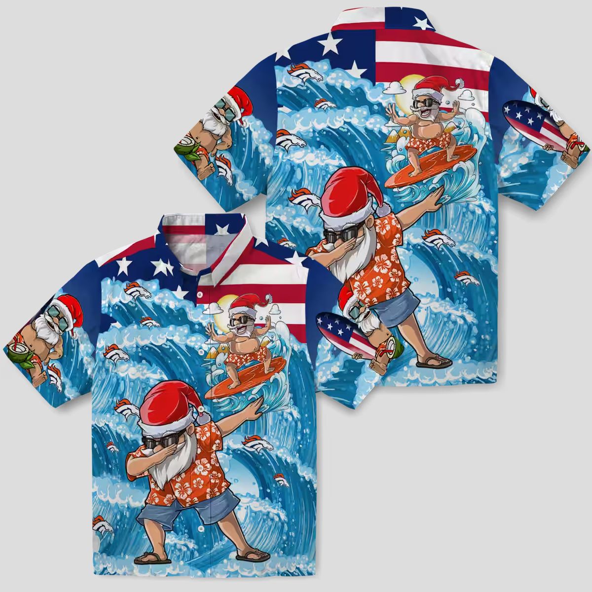 Denver Broncos Christmas Hawaiian Shirt, NFL Surfing Santa Blue Holiday Shirt