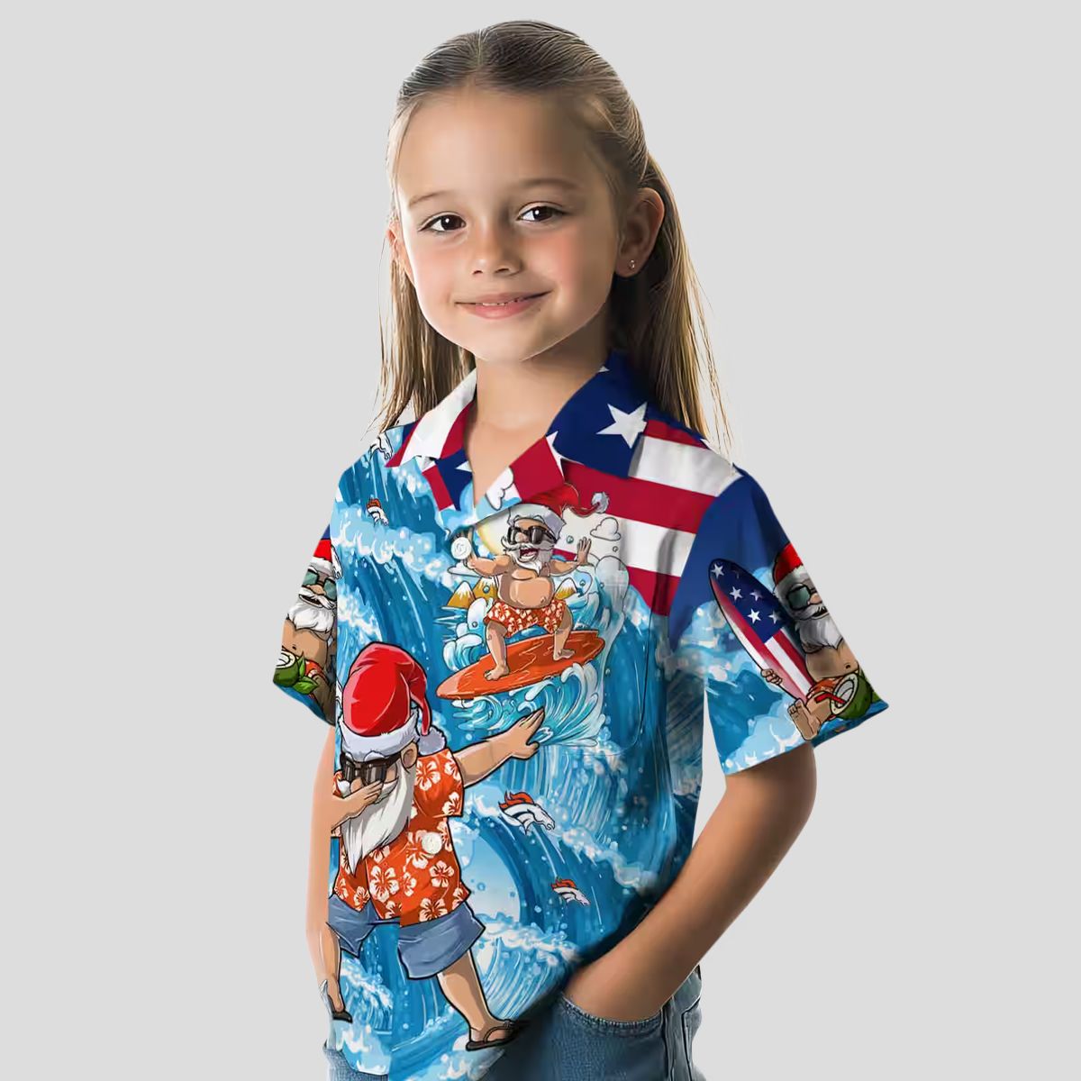 Denver Broncos Christmas Hawaiian Shirt, NFL Surfing Santa Blue Holiday Shirt