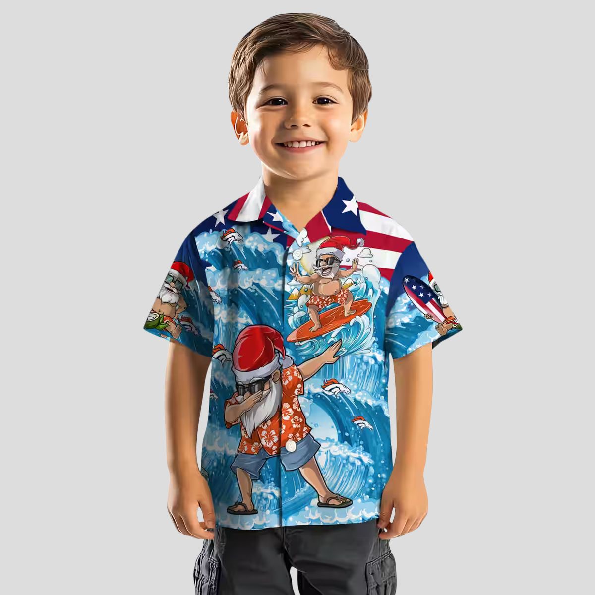 Denver Broncos Christmas Hawaiian Shirt, NFL Surfing Santa Blue Holiday Shirt
