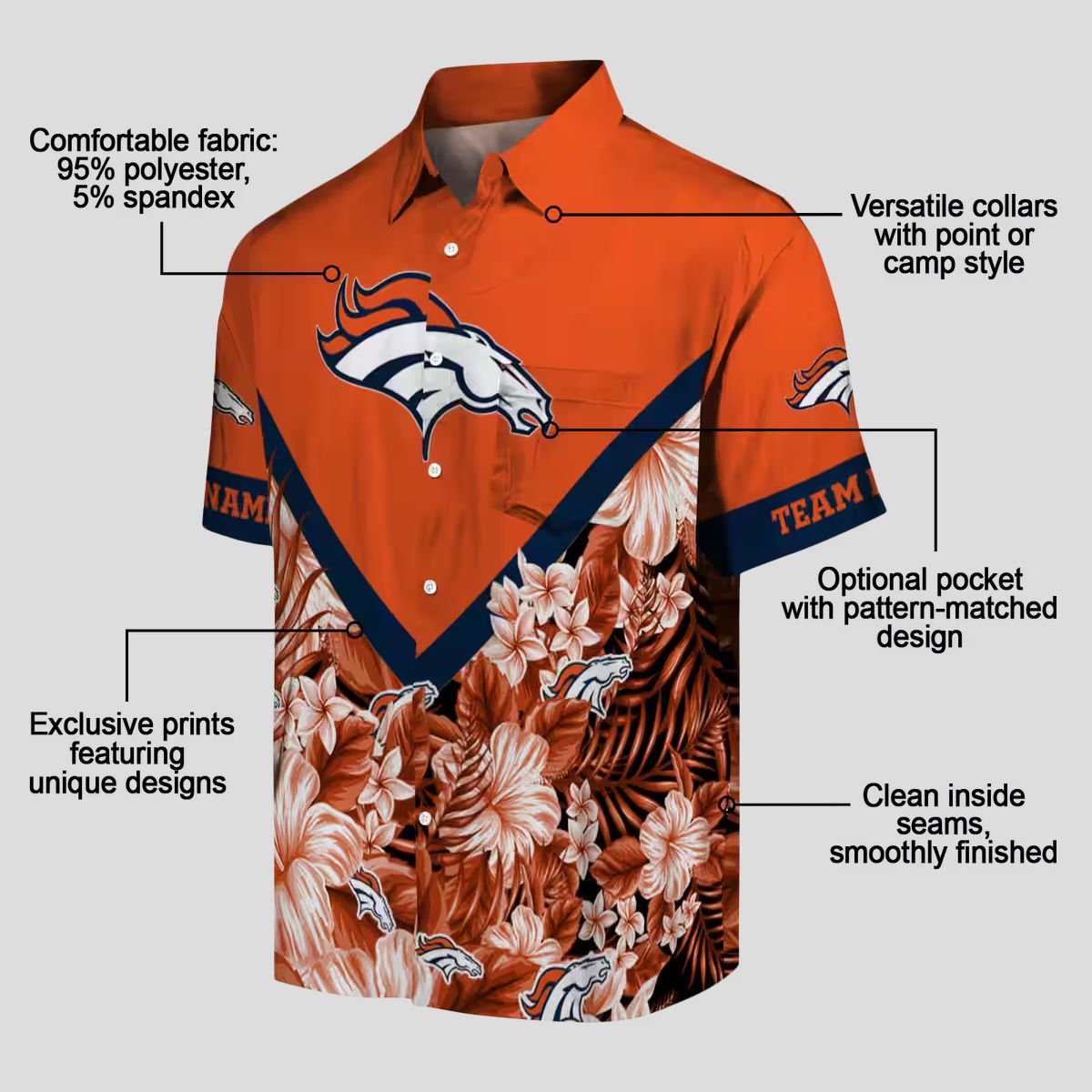 Denver Broncos Orange Floral Hawaiian Shirt, Chevron Aloha Beach Shirt for NFL Fans
