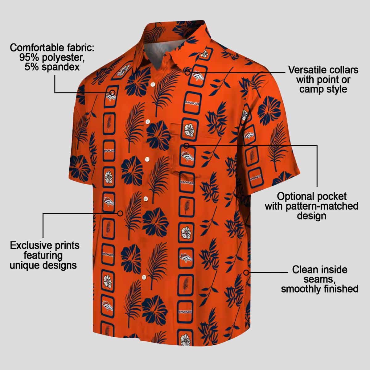 Denver Broncos Orange Hawaiian Shirt, Framed Floral Tropical NFL Fan Apparel