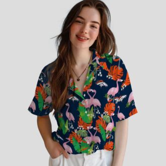Denver Broncos Tropical Button Up Shirt, Orange Green Flamingo Hawaiian Shirt