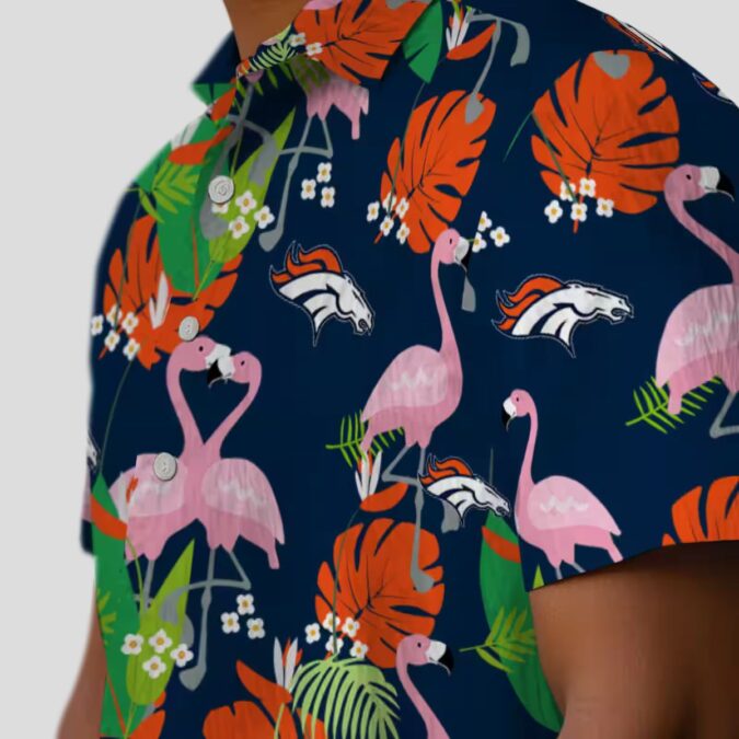 Denver Broncos Tropical Button Up Shirt, Orange Green Flamingo Hawaiian Shirt