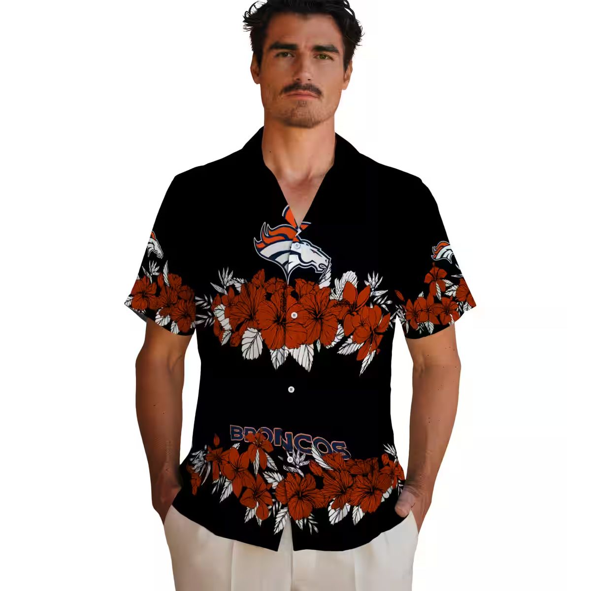 Men’s Denver Broncos Hibiscus Stripe Hawaiian Shirt, Black & Orange NFL Fan Apparel