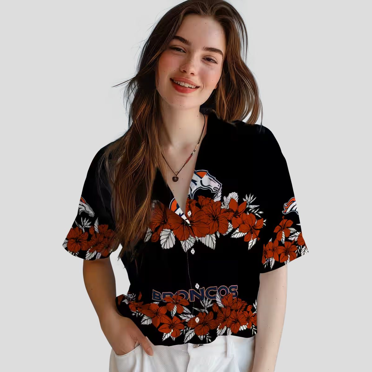 Men’s Denver Broncos Hibiscus Stripe Hawaiian Shirt, Black & Orange NFL Fan Apparel
