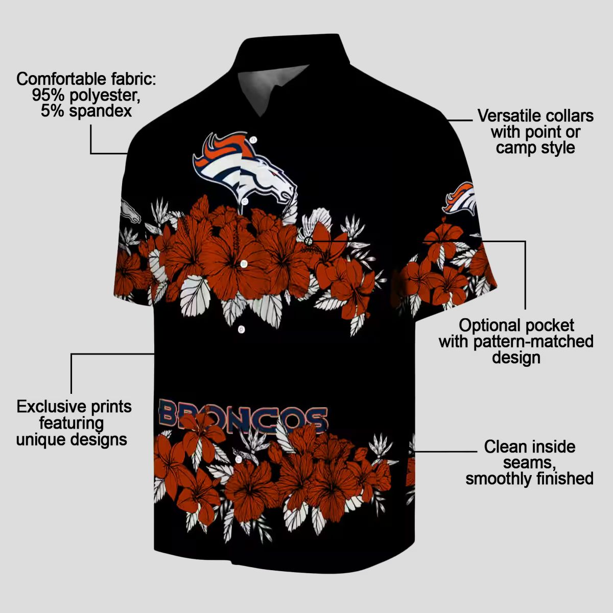 Men’s Denver Broncos Hibiscus Stripe Hawaiian Shirt, Black & Orange NFL Fan Apparel