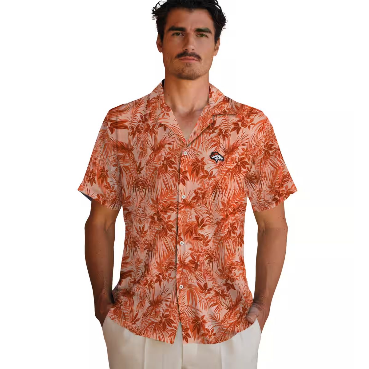 Men’s Denver Broncos Summer Hawaiian Shirt, Orange Leaf Pattern NFL Vacation Shirt