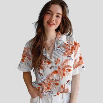 NFL Denver Broncos Hawaiian Shirt - Orange & White Hibiscus Palm Beach Shirt