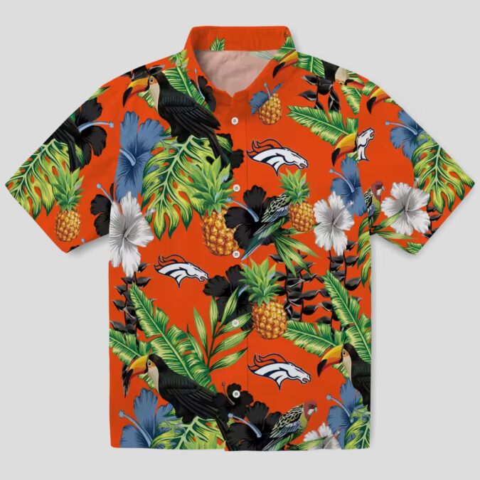 Orange & Green Denver Broncos Hawaiian Shirt, Toucan Hibiscus Pineapple Beach Shirt