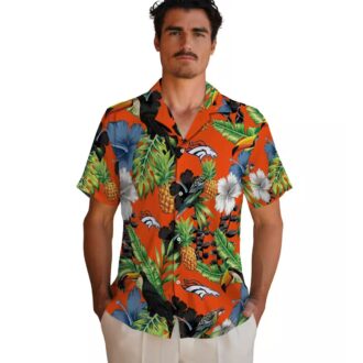 Orange & Green Denver Broncos Hawaiian Shirt, Toucan Hibiscus Pineapple Beach Shirt