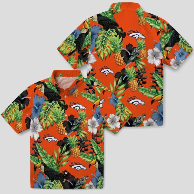 Orange & Green Denver Broncos Hawaiian Shirt, Toucan Hibiscus Pineapple Beach Shirt