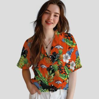 Orange & Green Denver Broncos Hawaiian Shirt, Toucan Hibiscus Pineapple Beach Shirt