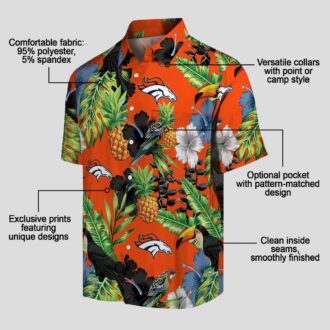 Orange & Green Denver Broncos Hawaiian Shirt, Toucan Hibiscus Pineapple Beach Shirt