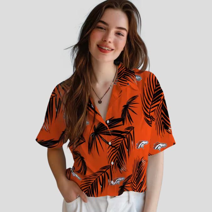 Orange Denver Broncos Tropical Button Up Shirt, Palm Leaf Aloha Hawaiian Shirt