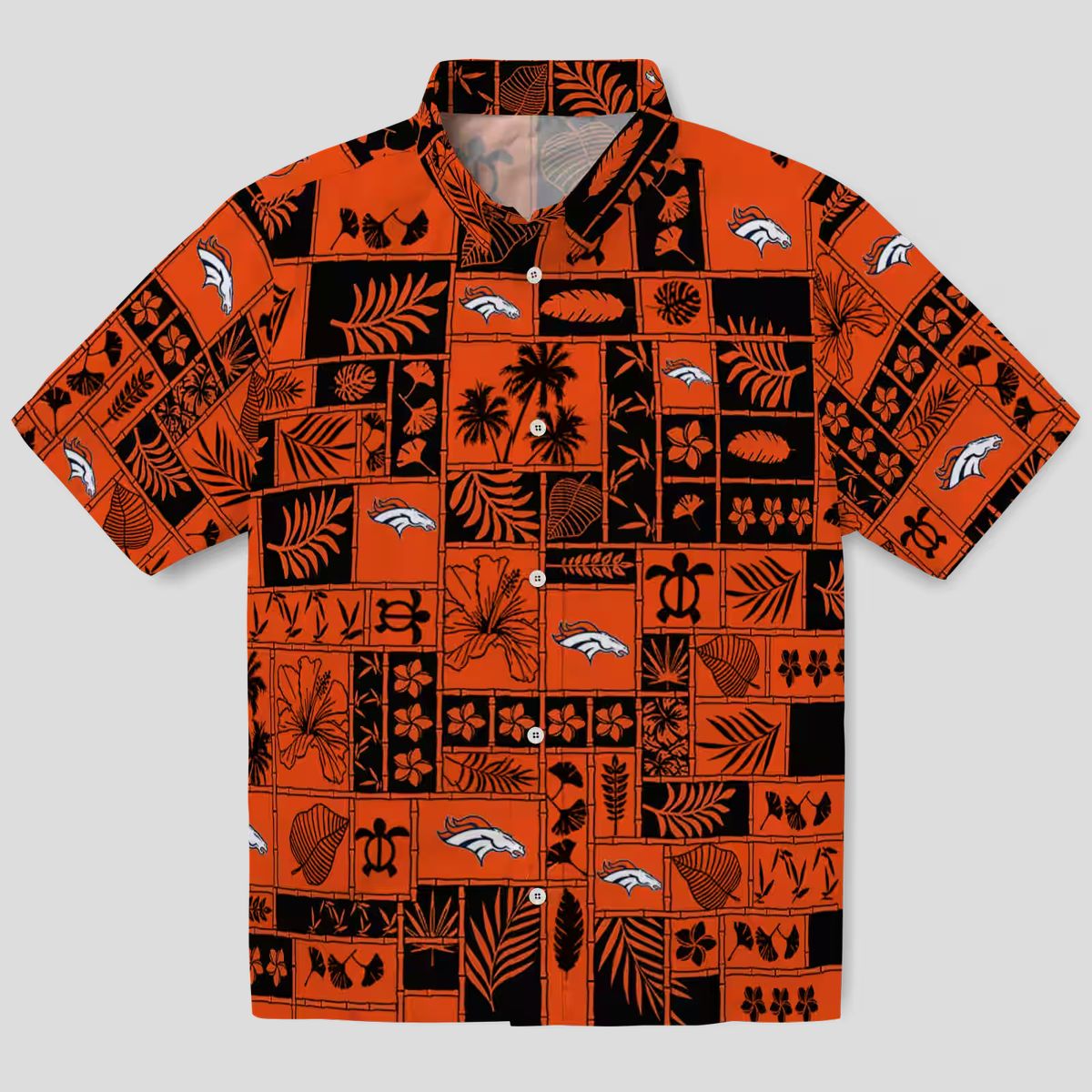 Tropical Patchwork Denver Broncos Hawaiian Shirt, Orange Black NFL Button Up Shirt