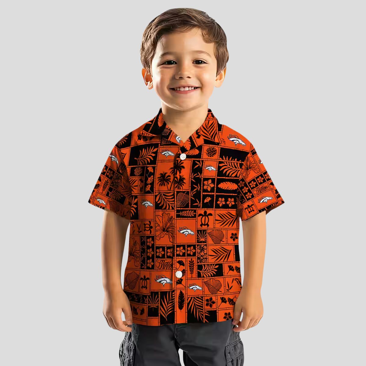 Tropical Patchwork Denver Broncos Hawaiian Shirt, Orange Black NFL Button Up Shirt