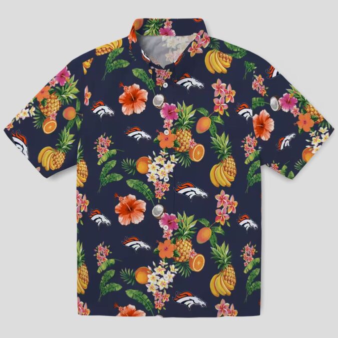 Women's Denver Broncos Floral Hawaiian Shirt, Navy Blue Tropical Fruit Button Up