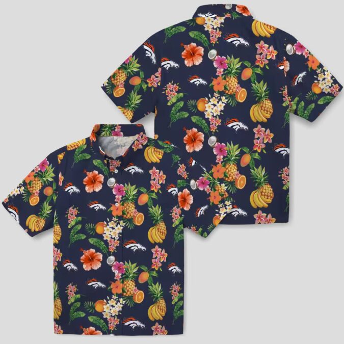 Women's Denver Broncos Floral Hawaiian Shirt, Navy Blue Tropical Fruit Button Up