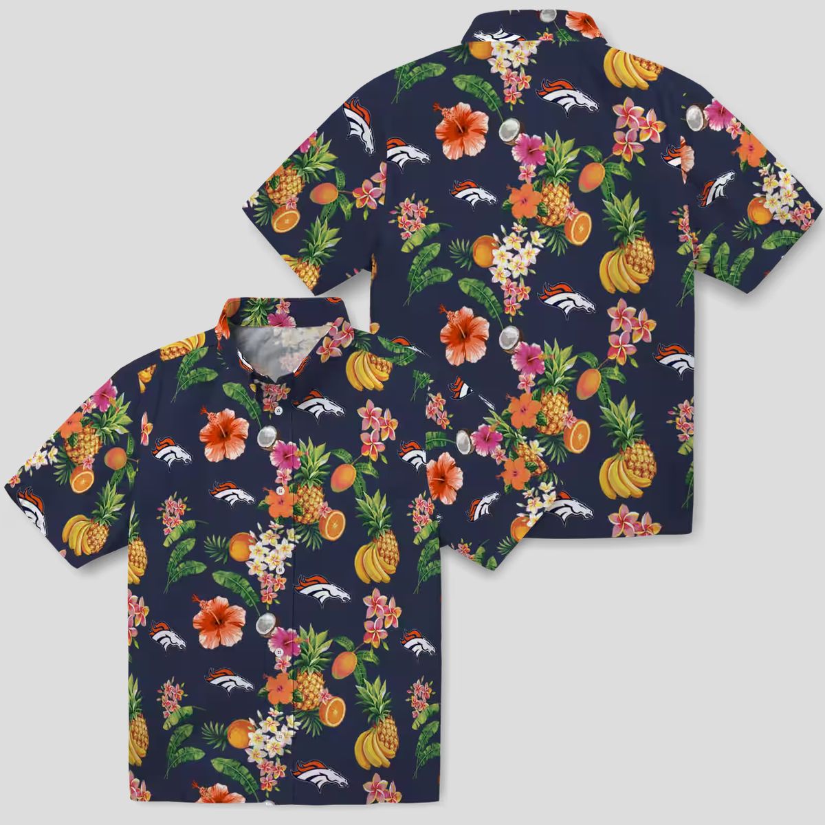 Women's Denver Broncos Floral Hawaiian Shirt, Navy Blue Tropical Fruit Button Up