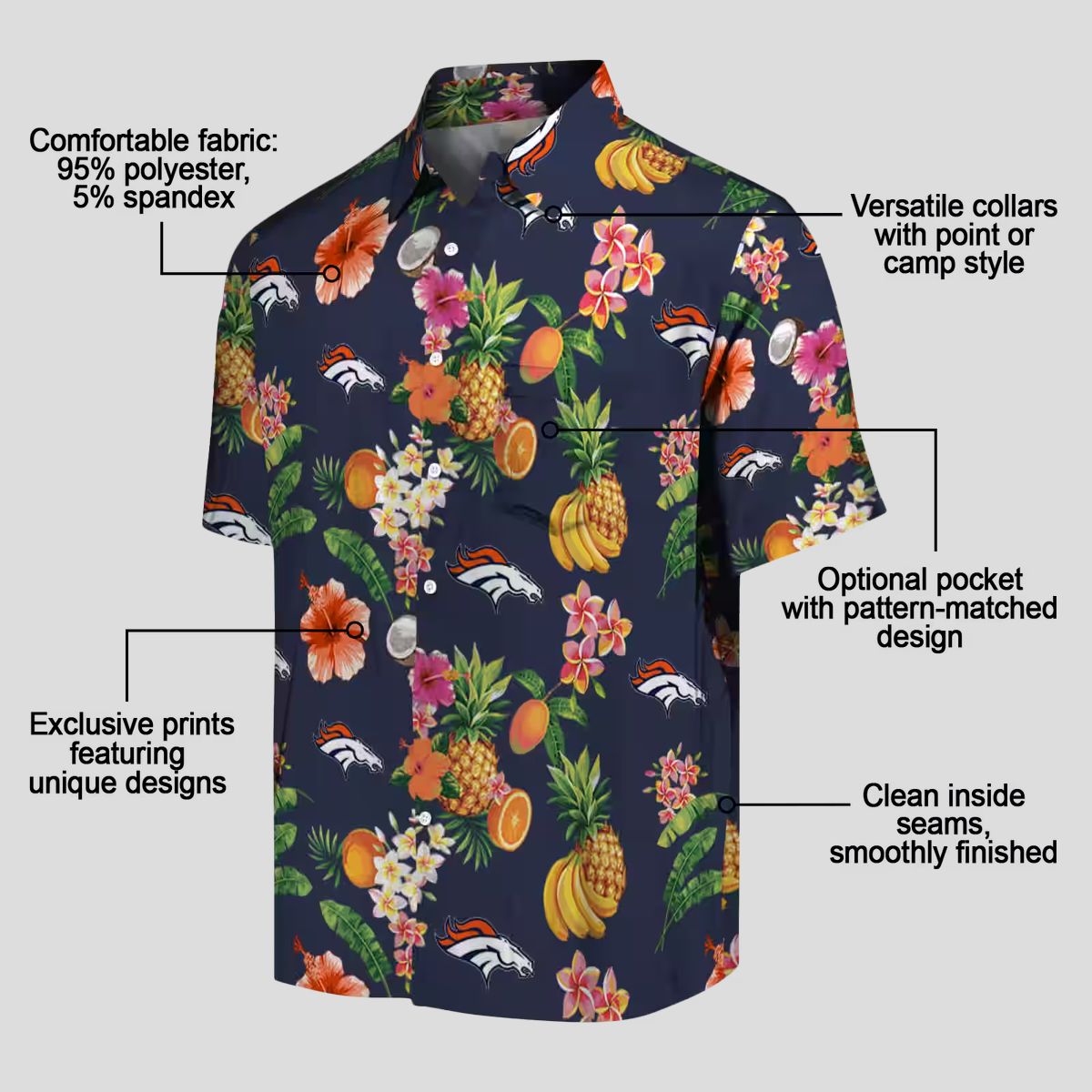 Women's Denver Broncos Floral Hawaiian Shirt, Navy Blue Tropical Fruit Button Up