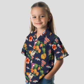 Women's Denver Broncos Floral Hawaiian Shirt, Navy Blue Tropical Fruit Button Up