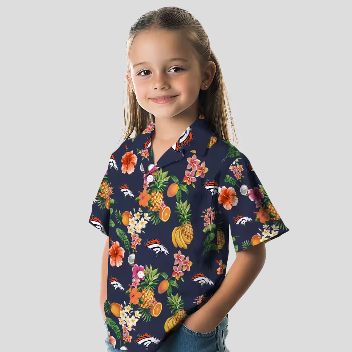 Women's Denver Broncos Floral Hawaiian Shirt, Navy Blue Tropical Fruit Button Up