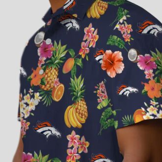 Women's Denver Broncos Floral Hawaiian Shirt, Navy Blue Tropical Fruit Button Up