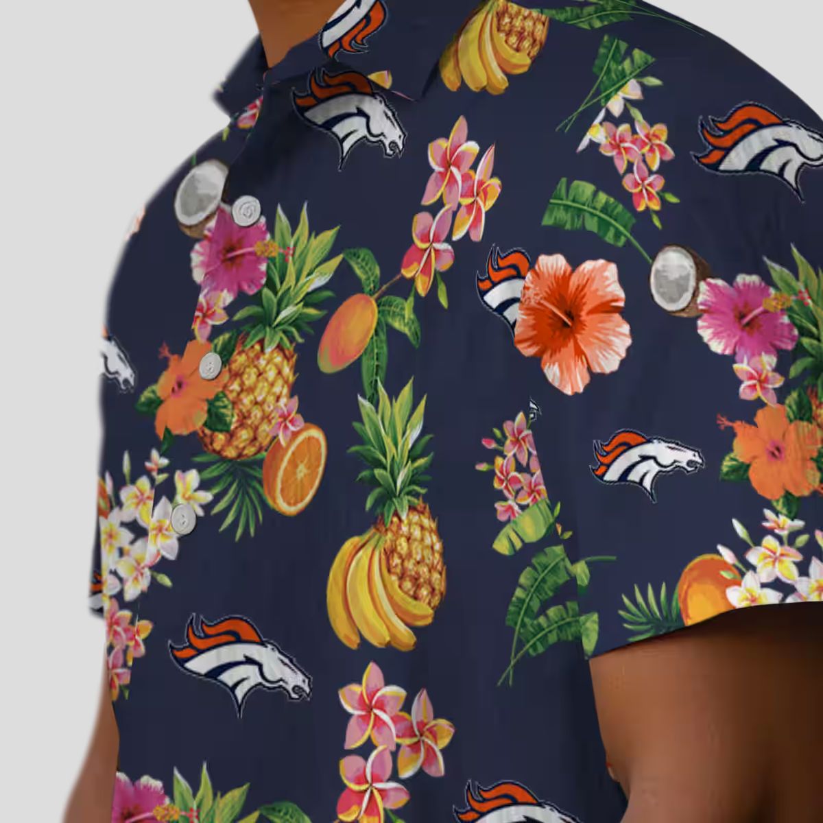 Women's Denver Broncos Floral Hawaiian Shirt, Navy Blue Tropical Fruit Button Up