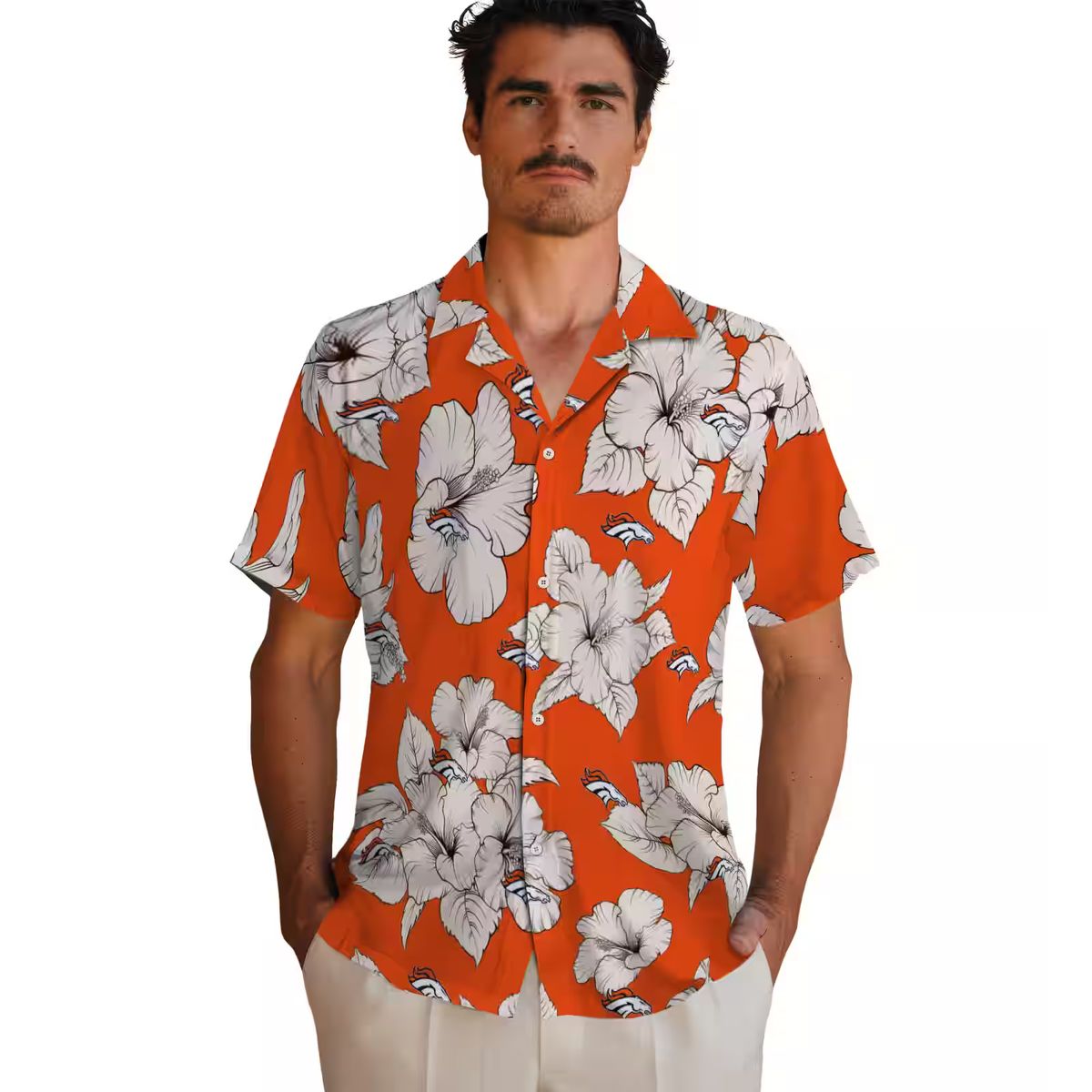 Women’s Denver Broncos Hibiscus Hawaiian Shirt - Orange & White Blooms Floral Aloha