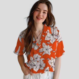 Women’s Denver Broncos Hibiscus Hawaiian Shirt - Orange & White Blooms Floral Aloha