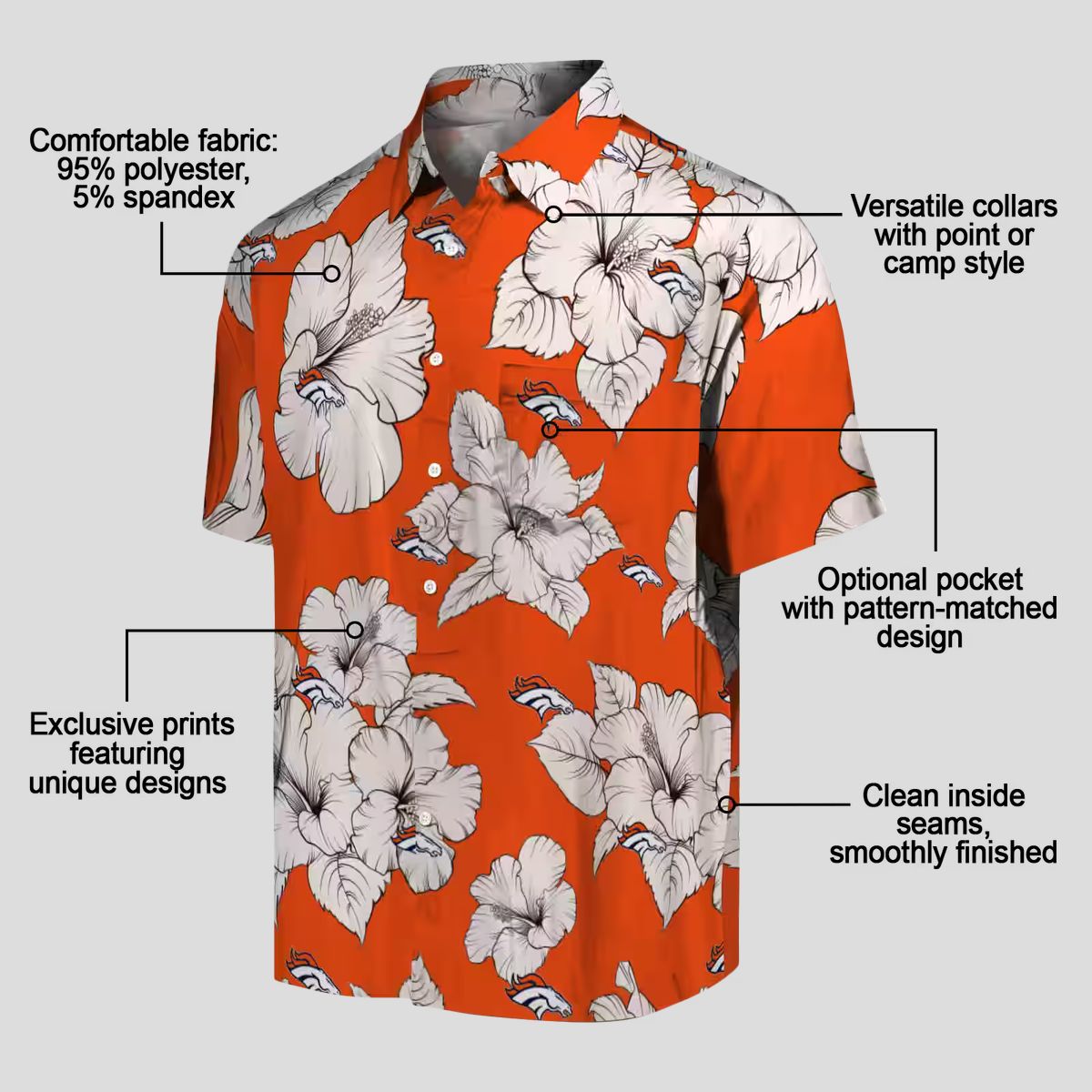 Women’s Denver Broncos Hibiscus Hawaiian Shirt - Orange & White Blooms Floral Aloha