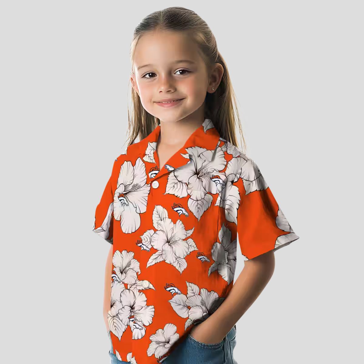 Women’s Denver Broncos Hibiscus Hawaiian Shirt - Orange & White Blooms Floral Aloha