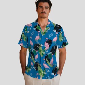 Best Detroit Lions Blue Hawaiian Shirt, Flamingo Palm Leaf Vacation Party Outfit