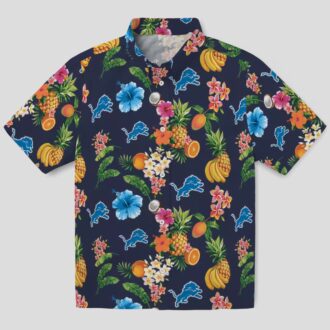 Best Detroit Lions Navy Hawaiian Shirt, Hibiscus & Fruit Vacation Shirt