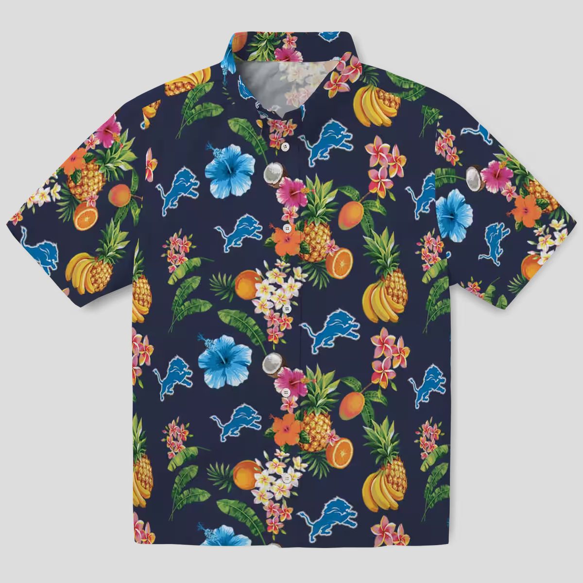 Best Detroit Lions Navy Hawaiian Shirt, Hibiscus & Fruit Vacation Shirt