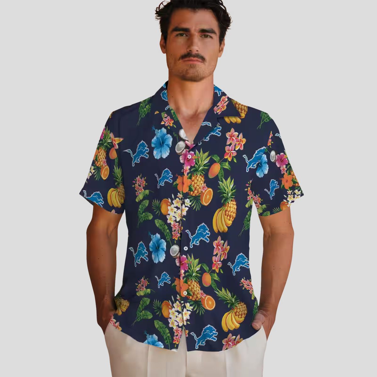 Best Detroit Lions Navy Hawaiian Shirt, Hibiscus & Fruit Vacation Shirt