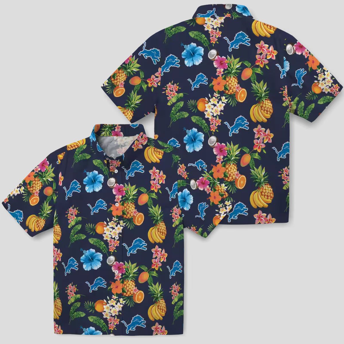 Best Detroit Lions Navy Hawaiian Shirt, Hibiscus & Fruit Vacation Shirt