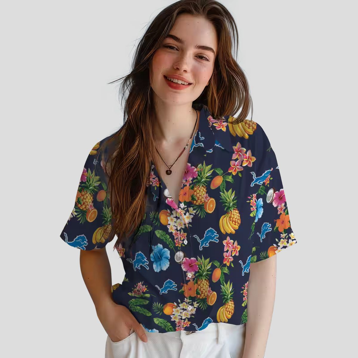 Best Detroit Lions Navy Hawaiian Shirt, Hibiscus & Fruit Vacation Shirt