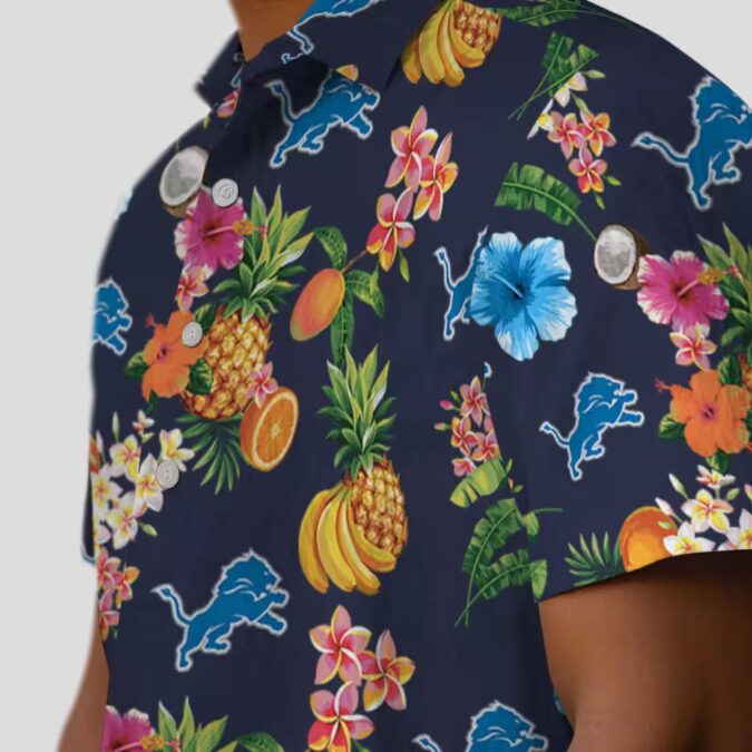 Best Detroit Lions Navy Hawaiian Shirt, Hibiscus & Fruit Vacation Shirt