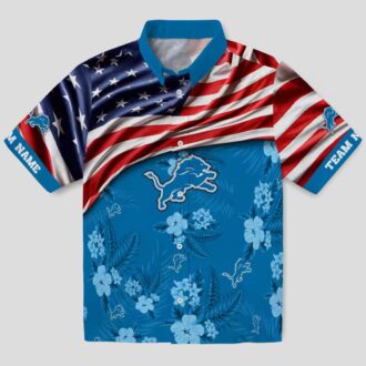 Blue Detroit Lions USA Flag Hawaiian Shirt, Personalized Hibiscus Aloha Shirt