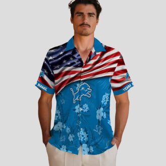 Blue Detroit Lions USA Flag Hawaiian Shirt, Personalized Hibiscus Aloha Shirt