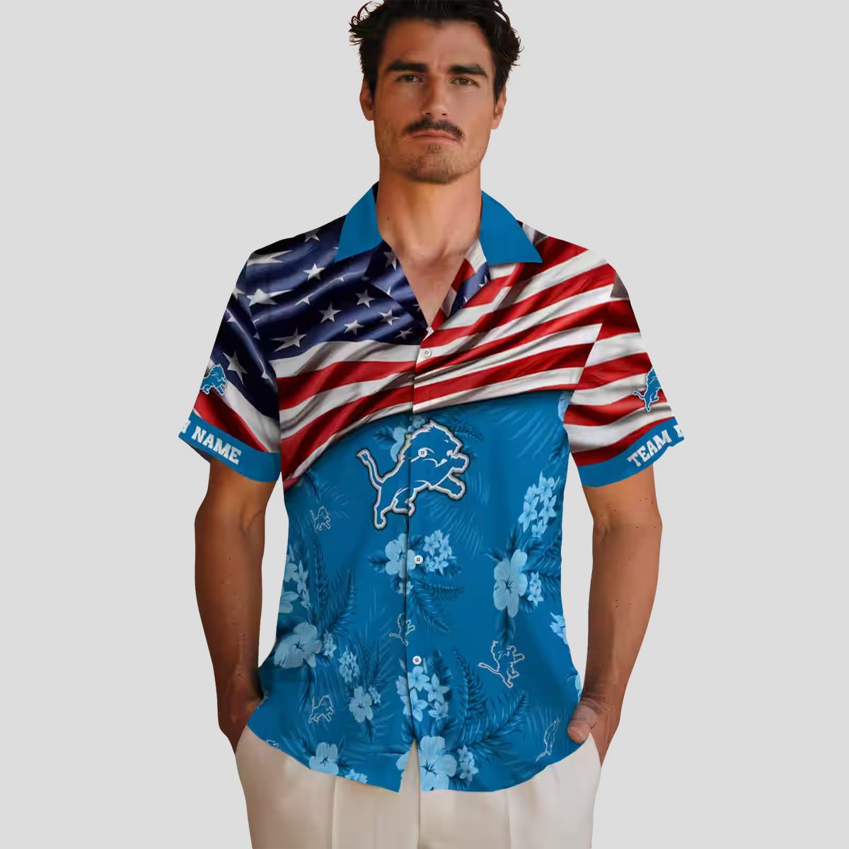 Blue Detroit Lions USA Flag Hawaiian Shirt, Personalized Hibiscus Aloha Shirt