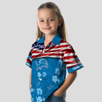Blue Detroit Lions USA Flag Hawaiian Shirt, Personalized Hibiscus Aloha Shirt