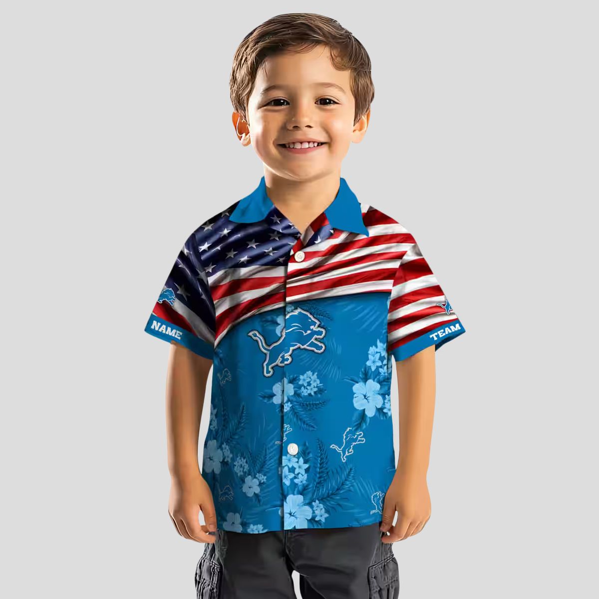 Blue Detroit Lions USA Flag Hawaiian Shirt, Personalized Hibiscus Aloha Shirt