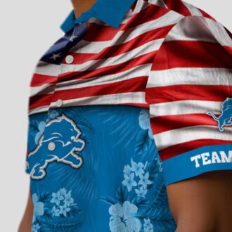 Blue Detroit Lions USA Flag Hawaiian Shirt, Personalized Hibiscus Aloha Shirt