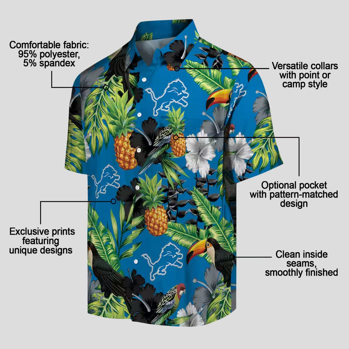 Blue Green Detroit Lions Hibiscus Hawaiian Shirt – Toucan & Pineapple Design