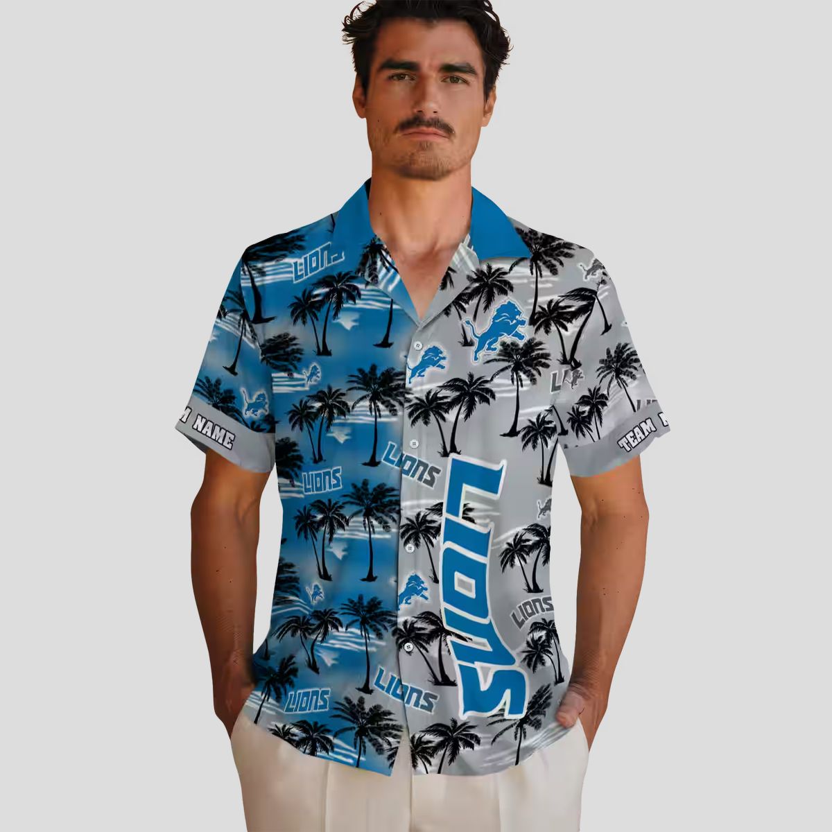Custom Detroit Lions Blue Hawaiian Shirt, Palm Silhouettes Summer Outfit